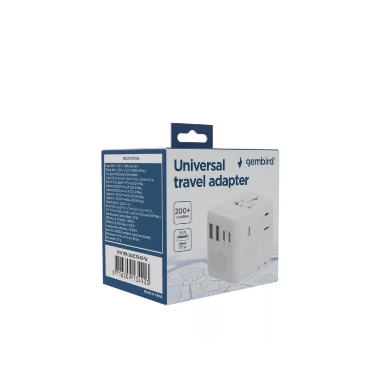 Keliautojų adapteris GEMBIRD TPA-2A3C70-01-W — I tipo kištukas, 3× USB-C (70W), 2× USB-A (18W), 100–250V, baltas
