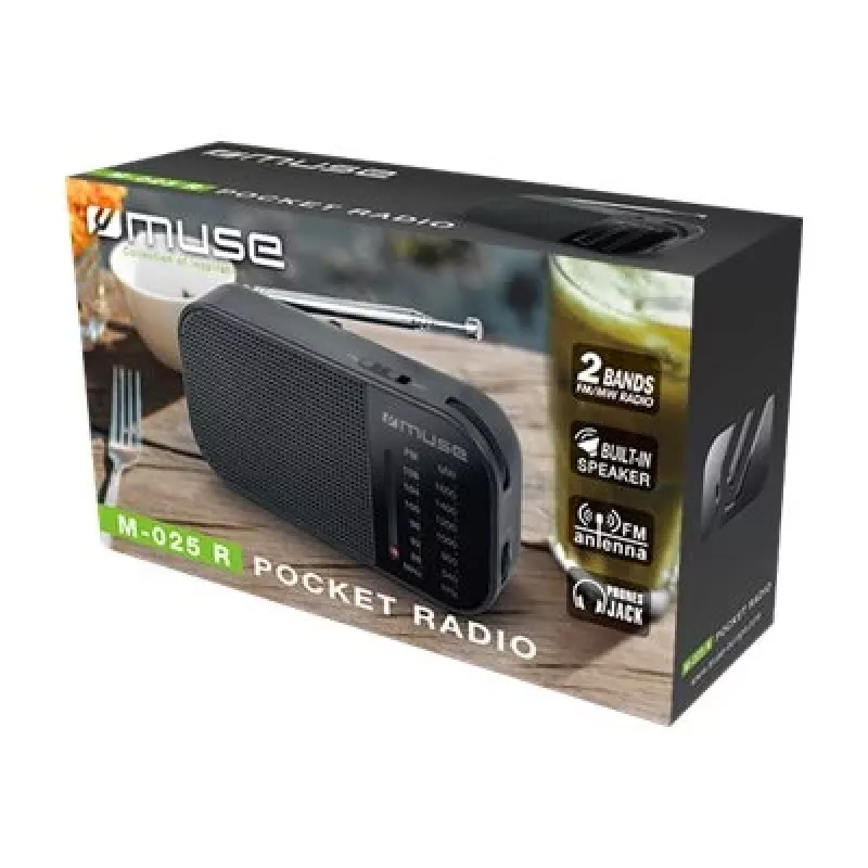 Nešiojamas radijo imtuvas Muse M-025 R – MW/FM, juodas, maitinamas baterijomis, kompaktiškas (32×130×70 mm)