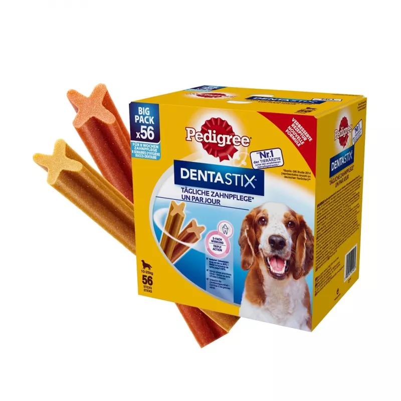Šunų dantų skanėstai Pedigree DentaStix 1,44 kg suaugusiems vidutinių veislių šunims — Jautiena ir Vištiena, dantų priežiūra, vitaminas E