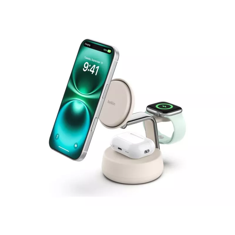 Belaidis USB įkroviklis Belkin Qi2 WIZ040KQSD — 25 W, USB maitinimas, 1,5 m laidas, baltas, išmaniesiems telefonams, išmaniesiems laikrodžiams, ausinėms, sporto apyrankėms