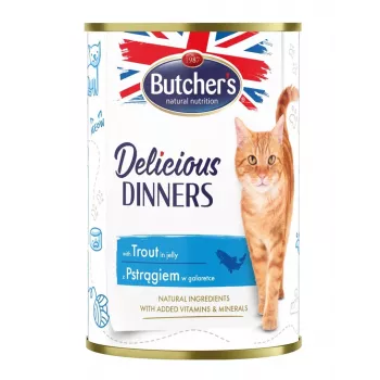 Šlapias kačių maistas Butcher's Pet Care Delicious Dinners 400 g — Upėtakio skonis, suaugusioms katėms, be konservantų, be glitimo