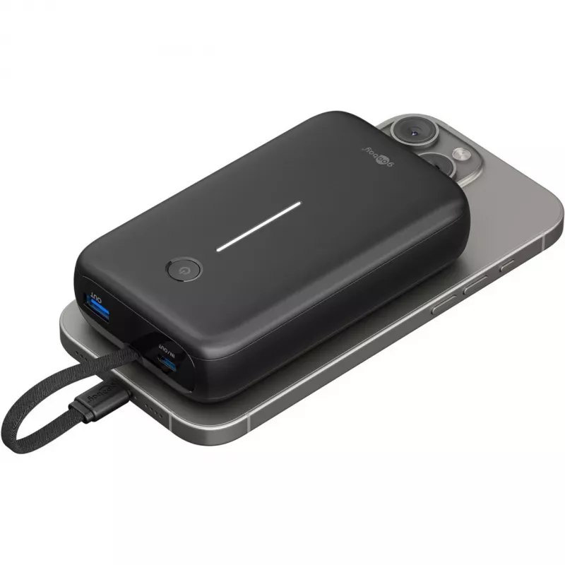 Powerbank 20 000 mAh su integruotu USB-C laidu 13 cm, 30 W, juodas, 20 Ah, 1x USB-A, 2x USB-C, PD, QC