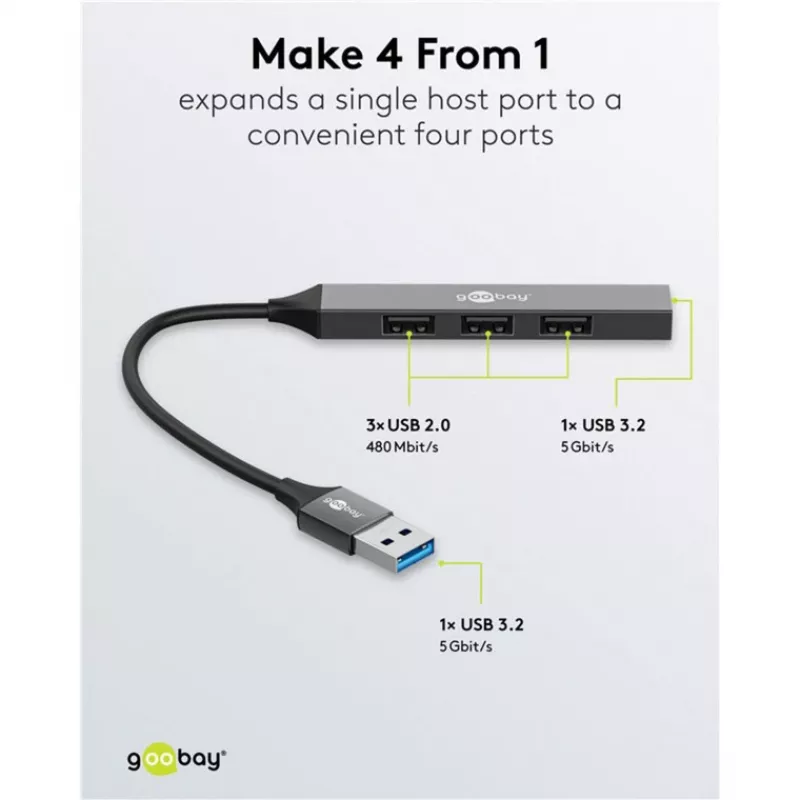 Goobay USB Hub 74456 USB-A 4 prievadai 5000 Mbit/s Šviesiai pilka