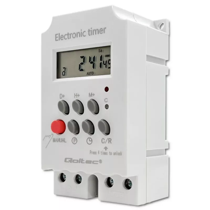 Elektroninis laikmatis DIN bėgiui QOLTEC PC0629 — 24V maitinimas, 16A išėjimas