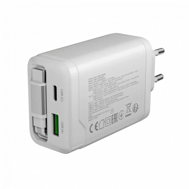 CANYON įkroviklis OnCharge 65RC su integruotu USB-C laidu 65W, 1x PD, 1x QC, EU kištukas, baltas