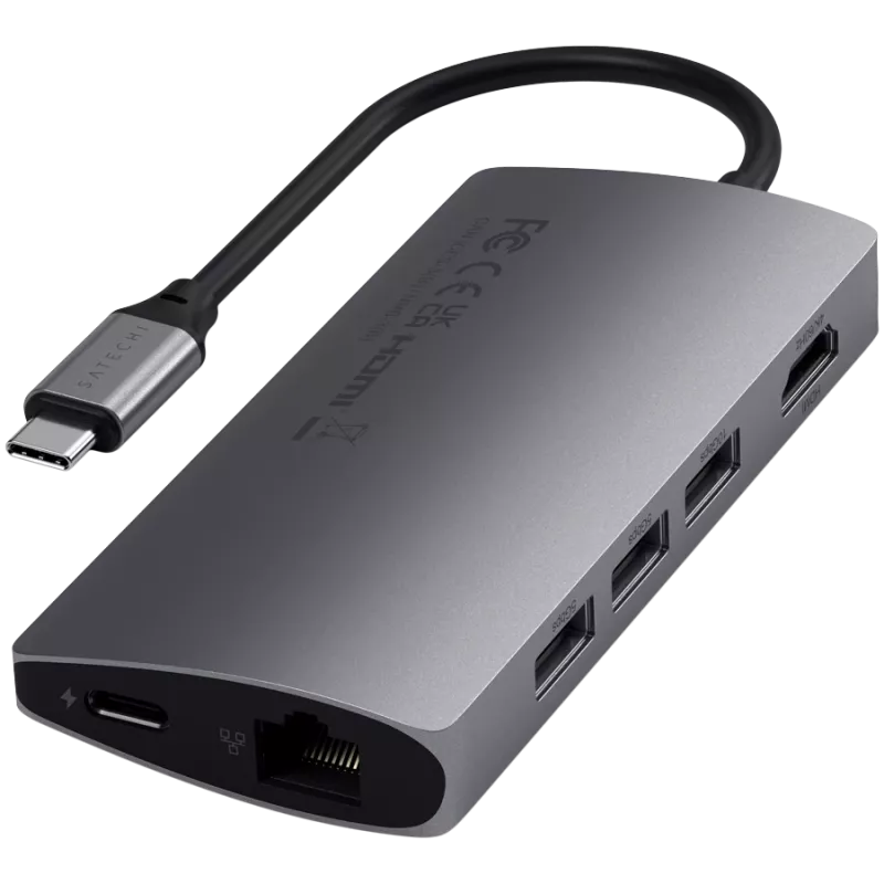 Satechi Aliuminio Adapteris V2 USB-C (USB-C, 3x USB-A, 4K HDMI, SD/microSD kortelių skaitytuvas, Ethernet) (starlight grey)