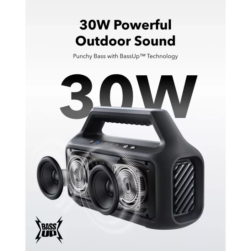 Nešiojamas stereo garsiakalbis Anker Soundcore Boom 2 SE — 2.0 kanalai, 30 W RMS, belaidis, juodas
