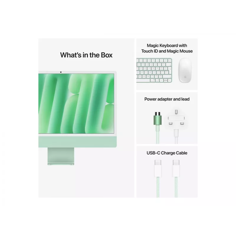 iMac 24 inch Retina 4.5K ekranas M4, Žalia, M4 (10-CPU/10-GPU), 16GB, 512GB, standartinis stiklas, Touch ID, vokiška, Gigabit Ethernet, Magic Mouse, MWV03D/A