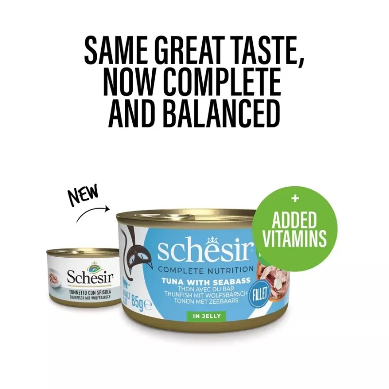 Šlapias ėdalas katėms Agras Pet Foods Schesir Tuna su jūrų ešeriu 85 g pakelis, 13% baltymų, 2,5% riebalų, 82% drėgmės