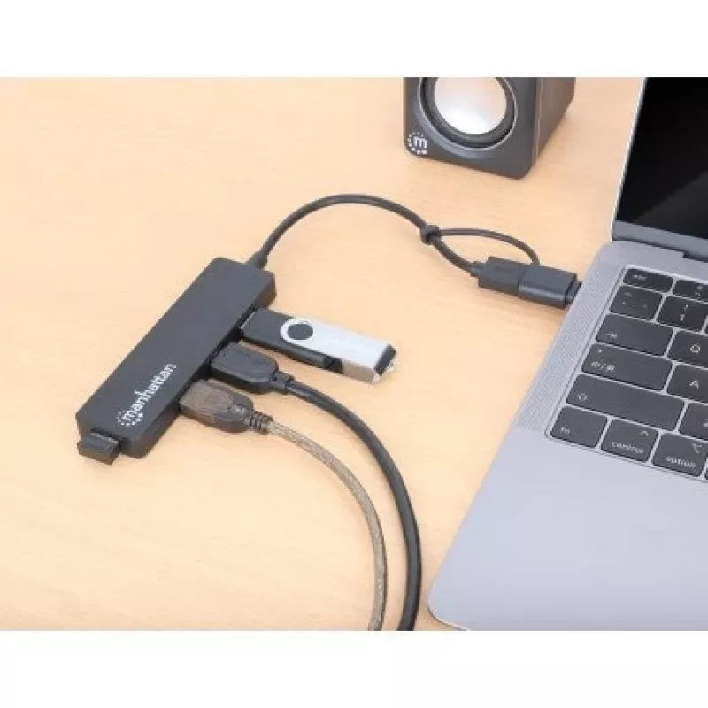 Manhattan USB-C ir USB-A jungties dokas / USB centras, 4x USB-A, 5 Gbps (USB 3.2 Gen1), maitinamas per USB