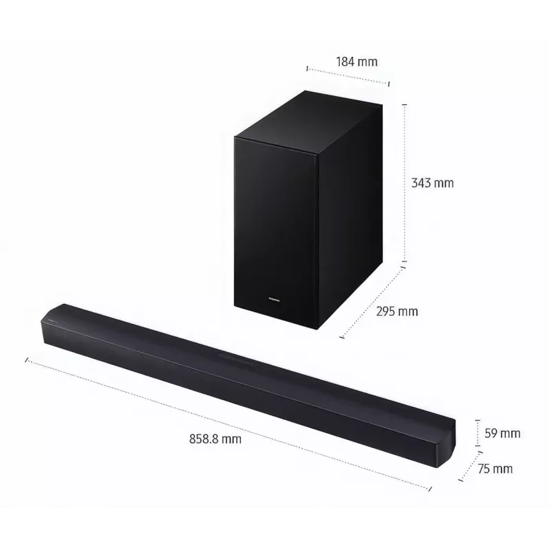 Samsung HW-B450F/EN 2.1 kanalo garsiakalbis su Bluetooth ir belaidžiu žemų dažnių garsiakalbiu, 300 W RMS, Dolby Audio, ARC