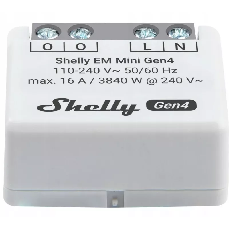 „Shelly Relay EM Mini Gen4“ išmanioji relė 1 kanalas Wi‑Fi Matter Zigbee Bluetooth 8A, 110–240V, energijos matuoklis