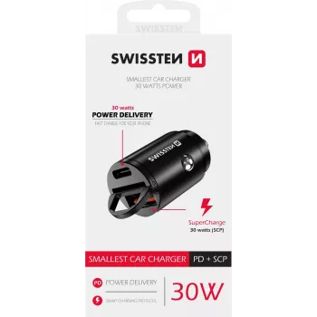 Automobilinis kroviklis Swissten NANO Smartphone Juodas Greitasis krovimas