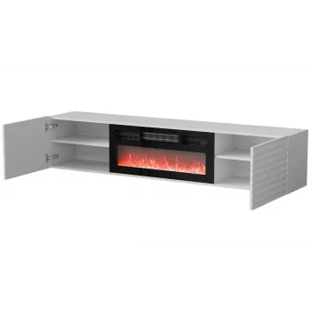 TV spintelė Cama Meble TULA su elektriniu židiniu, 1830×350×370 mm, baltas matinis viršus ir karkasas