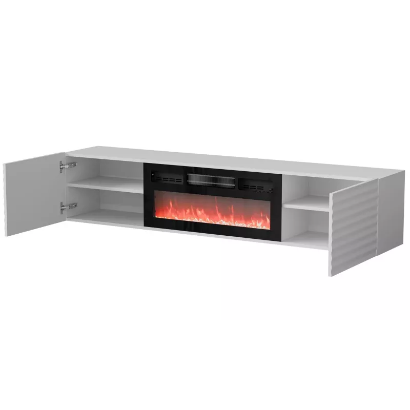 TV spintelė Cama Meble TULA su elektriniu židiniu, 1830×350×370 mm, baltas matinis viršus ir karkasas