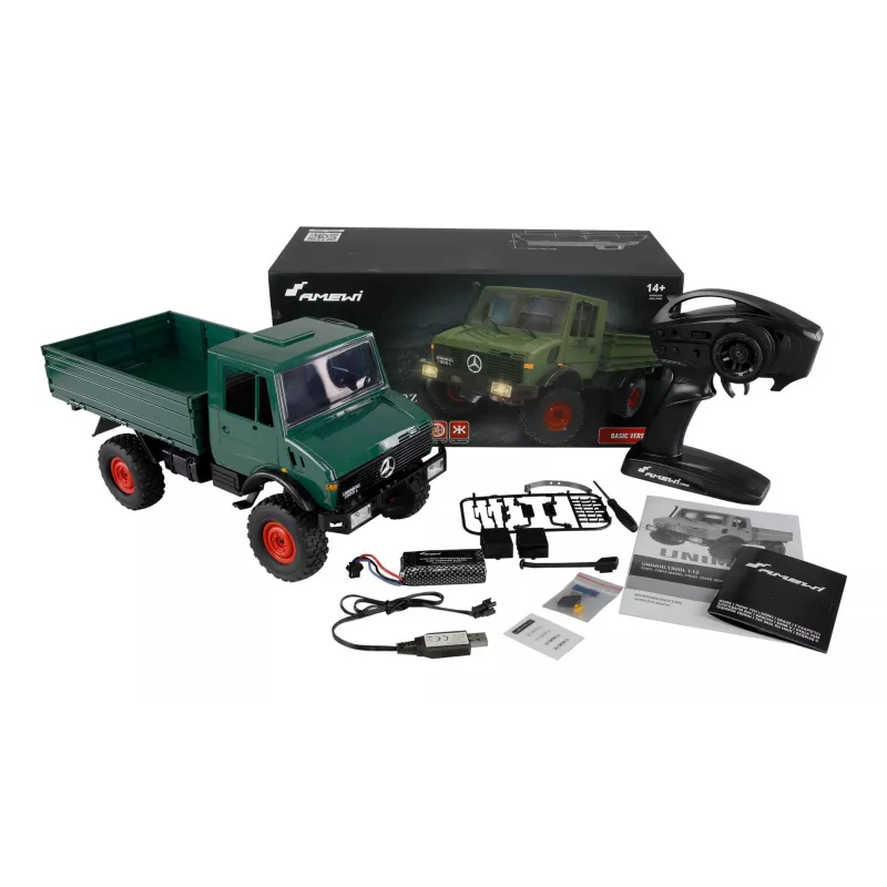 Valdomas automobilis Amewi Mercedes‑Benz Unimog 1:12 mastelis 4WD, žalias