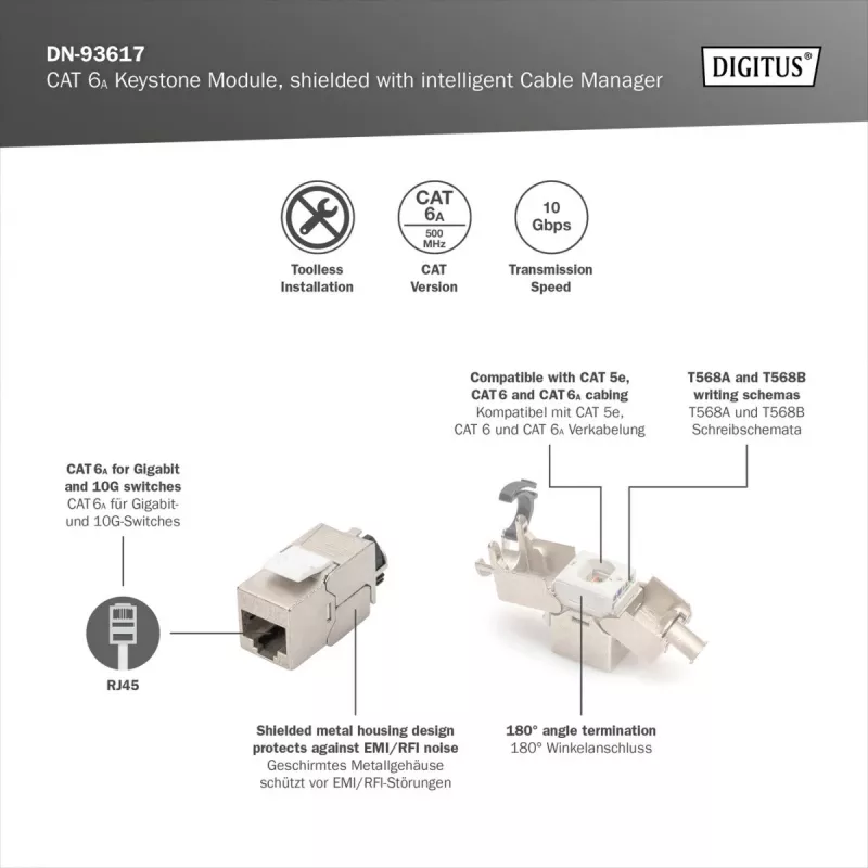 Digitus CAT 6A ekranuotas Keystone modulis su intelektualiu kabelių valdikliu