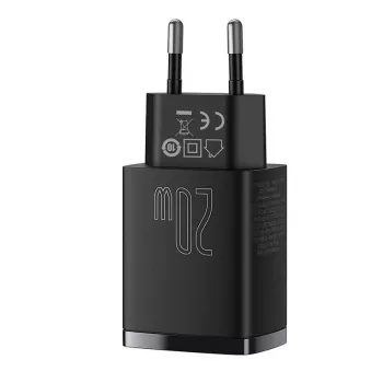 Vidinis USB greitasis įkroviklis Baseus CCXJ-B01 — 2 prievadai (USB-C PD 20W + USB-A QC3.0 18W), 100–240V, juodas
