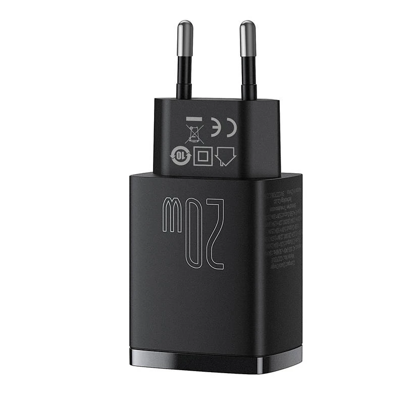 Vidinis USB greitasis įkroviklis Baseus CCXJ-B01 — 2 prievadai (USB-C PD 20W + USB-A QC3.0 18W), 100–240V, juodas