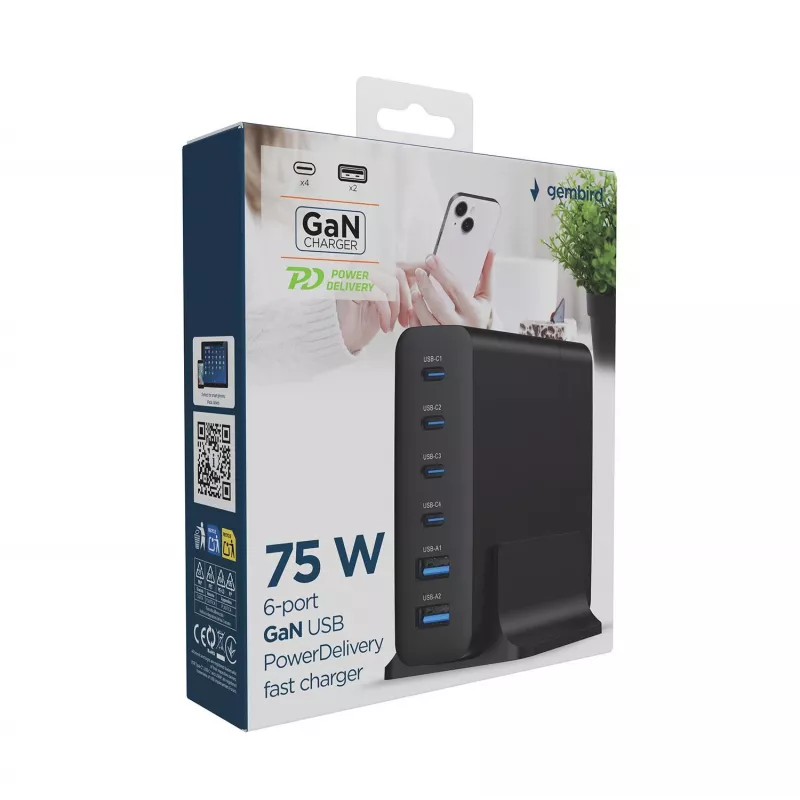 GEMBIRD TA-UC-2A4C-PD75-01-BK mobiliojo įrenginio įkroviklis — 75W, 4× USB-C + 2× USB-A, PD & QC3.0, 6 įrenginių vienu metu, 1,5 m laidas, juodas