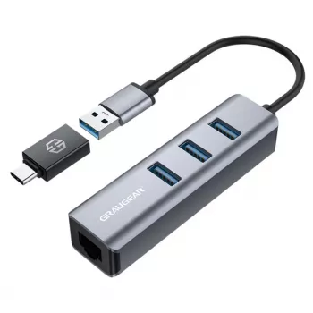 GRAUGEAR USB Hub G-HUB31L-A — USB 3.2 Gen 1 Type-A lizdas, 3x USB 3.2 Gen 1 Type-A prievadai + RJ-45, 5000 Mbit/s