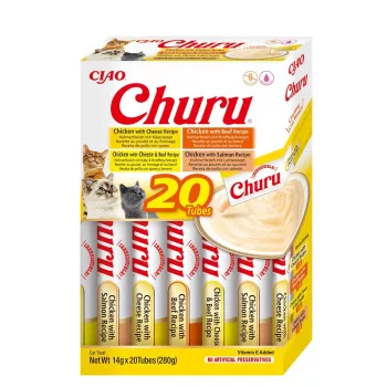 Kačių skanėstai INABA Churu Variety Box – vištiena ir jautiena, 20 vnt. x 14 g tūtelės