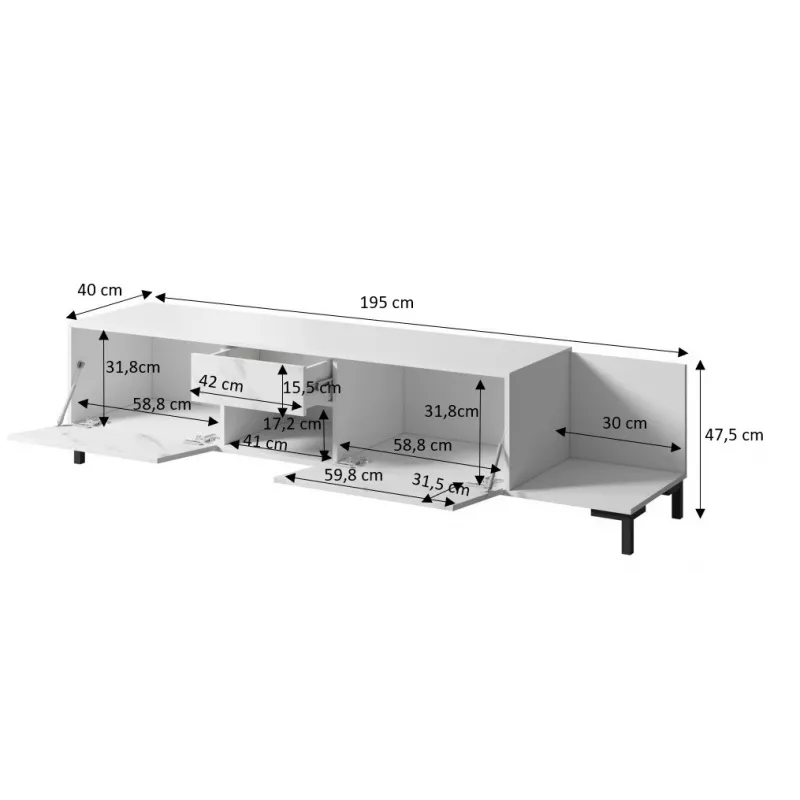 Spintelė TV Cama Meble MARMO 2D1S1K, 195x40x47,5 cm, balta matinė/marmuras baltas viršus