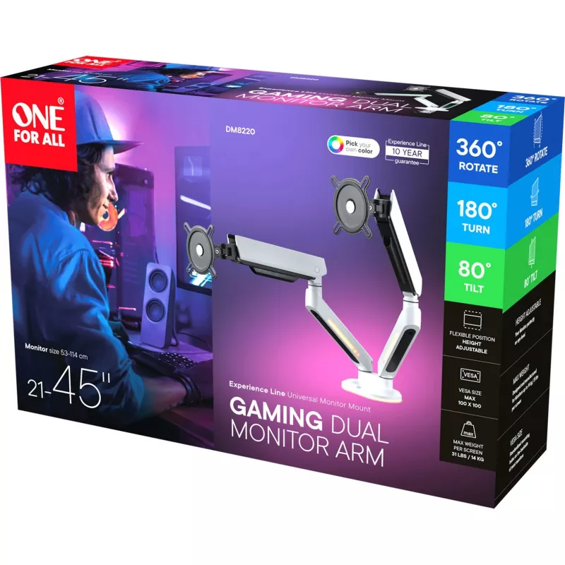 Universalus dvigubų monitorių laikiklis DM8220, baltas, su RGB apšvietimu