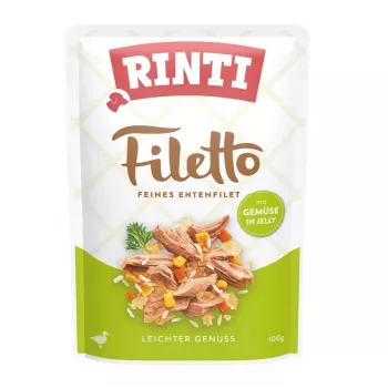 Šlapias šunų ėdalas RINTI Filetto antis su daržovėmis 100 g pakelis, pilnavertis pašaras, 15% baltymų, 1% riebalų, 81% drėgmės
