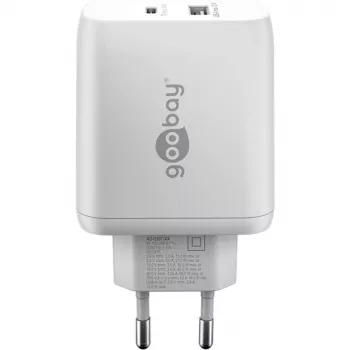 USB-C dvigubas greitas įkroviklis, PD, GaN, 65 W (baltas, 1x USB-C, 1x USB-A, Power Delivery)