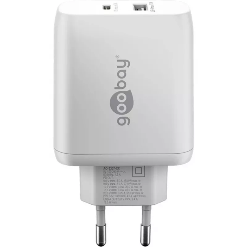 USB-C dvigubas greitas įkroviklis, PD, GaN, 65 W (baltas, 1x USB-C, 1x USB-A, Power Delivery)