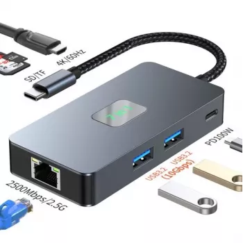 TB USB-C 7 viename adapterio šakotuvas HDMI USB SD/TF RJ45 (2500 Mbps) PD