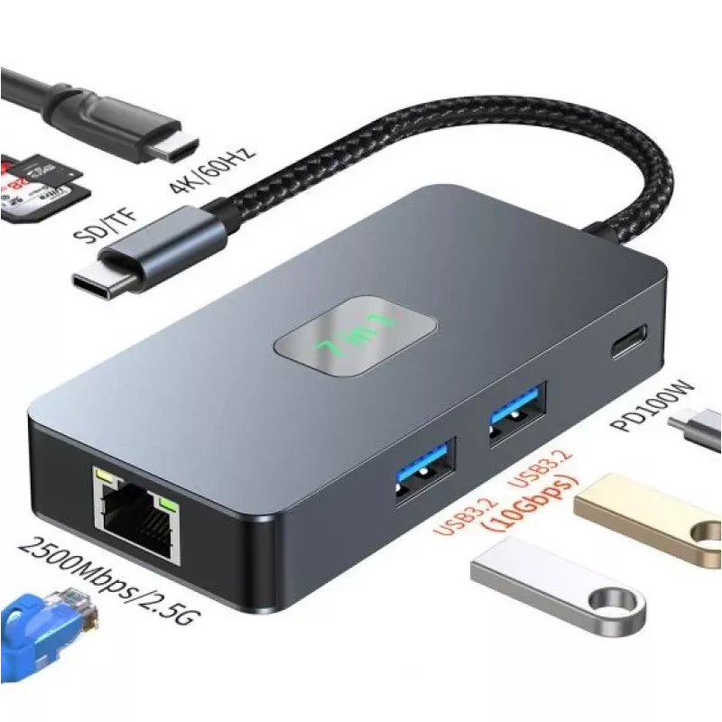 TB USB-C 7 viename adapterio šakotuvas HDMI USB SD/TF RJ45 (2500 Mbps) PD