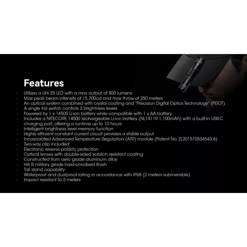 Kišeninis žibintuvėlis Nitecore MT1A Pro – LED 50 lm, USB įkraunamas, 1100 mAh, aliuminis, vandeniui atsparus, smūgiams atsparus, juodas