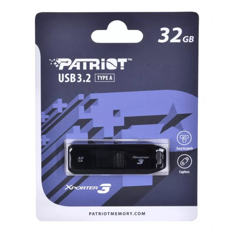 USB atmintinė PATRIOT Xporter 32 GB USB Type-A 3.2 Gen 1, skaitymas 80 MB/s, slankioji konstrukcija, juoda