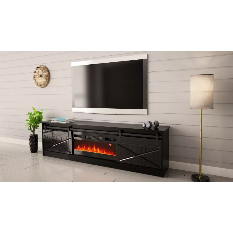 TV stovas su židiniu Cama Meble GRANERO 200 x 56,7 x 35 cm, juodas / juodas blizgesys, 2 durys, 2 lentynos, stumdomos durys, MDF / medžio drožlių plokštė