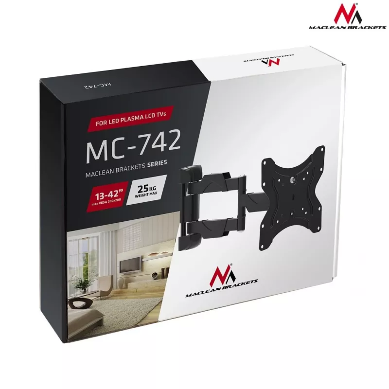 Sieninis TV laikiklis MACLEAN MC-742 42 colių (106,7 cm), pakreipimas -12°/+12°, VESA 75x75–200x200, maks. apkrova 30 kg, juodas