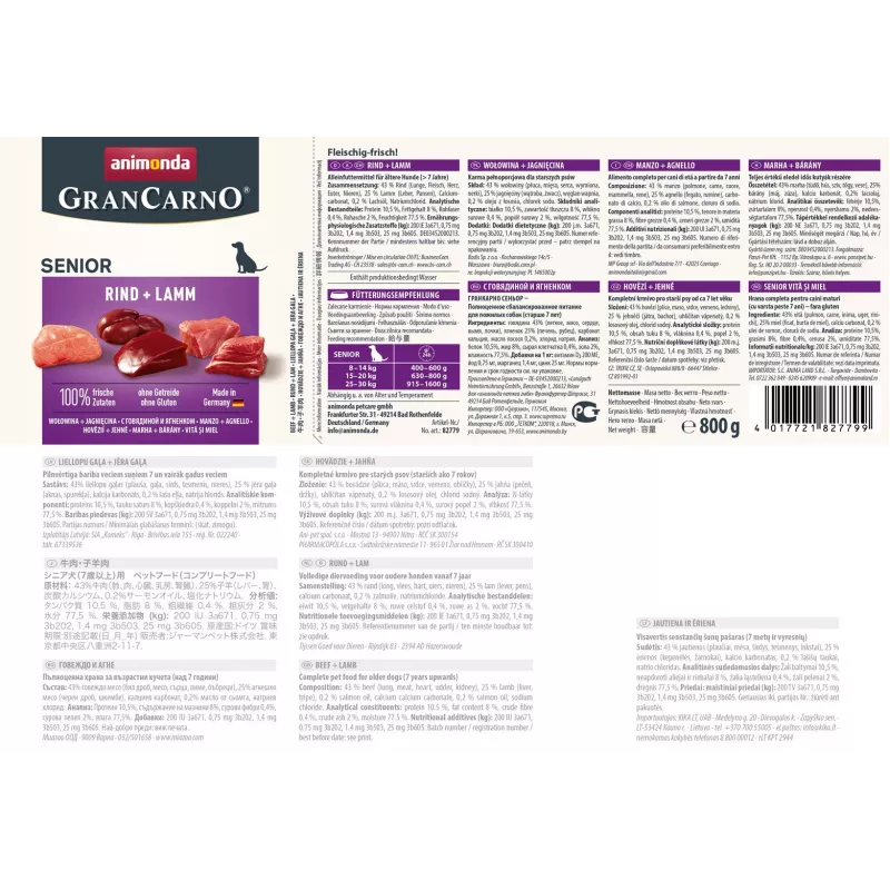 Šlapias šunų maistas animonda GranCarno Senior Beef + Lamb 800 g, baltymai 10,5%, riebalai 8,5%