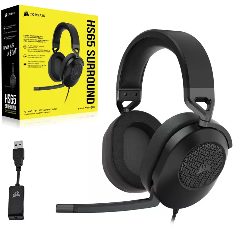 Ausinės CORSAIR HS65 SURROUND laidinės žaidimų ausinės, supra-aural, 3,5 mm + USB adapteris, 32 Ω, 282 g, anglies