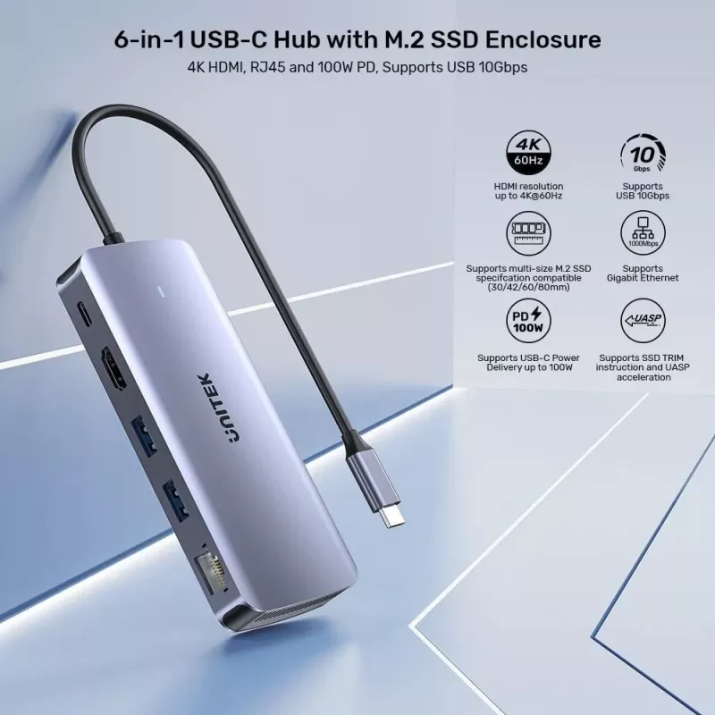 UNITEK aktyvus USB-C centras 10 Gbps, M.2, HDMI, PD 100W