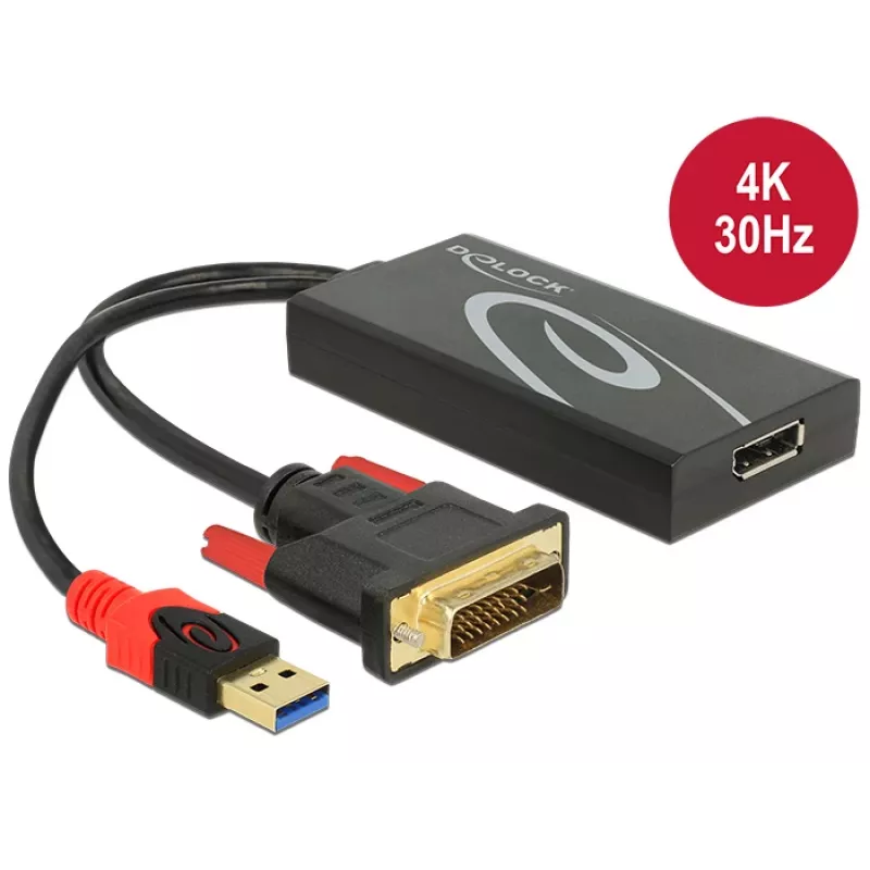 Adapterinis kabelis DVI 24+1 + USB-A / DisplayPort 20p DeLOCK 62596, 0,3 m
