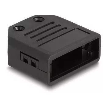 DELOCK D-Sub korpusas 9 kontaktų kištukui/kištukinei, plastikinis su įtempimo mažinimu, 33,3×33,8×14,8 mm, juodas