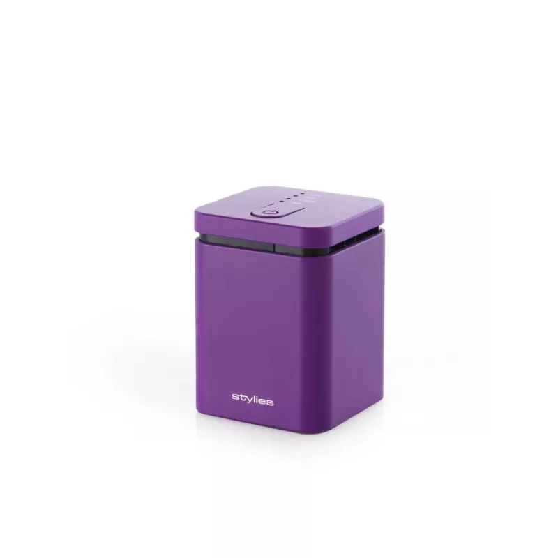 Evaporacinis aromato difuzorius Stylies ELARAPURPLE patalpoms iki 25 m² — violetinis, stačiakampis, AC/baterija/USB maitinimas, kvapo kasetė, 2 h laikmatis, 74×74×100 mm, 1,3 W