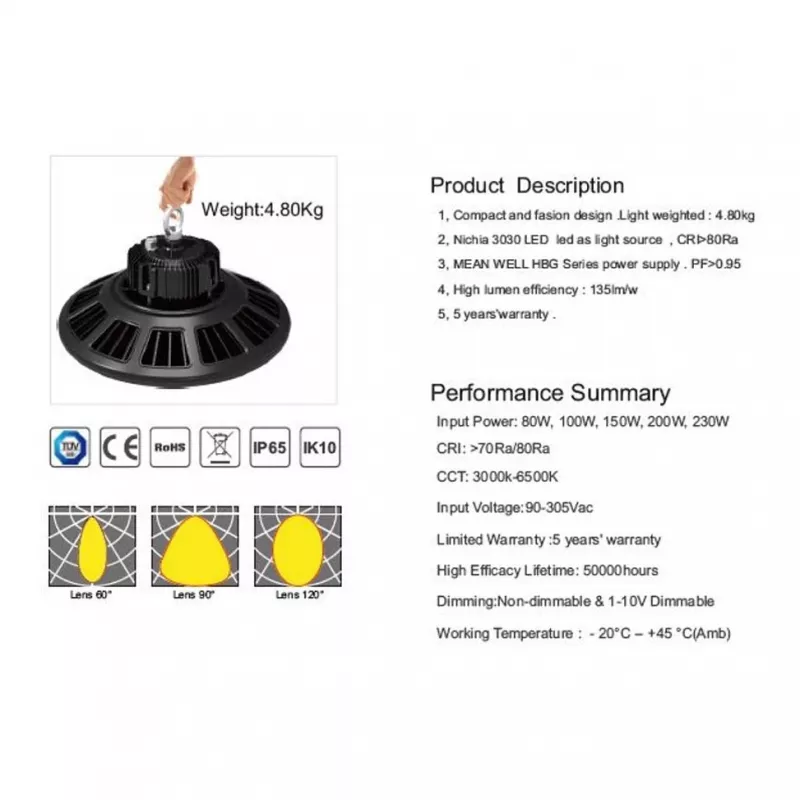 Synergy 21 LED pakabinamas šviestuvas UFO 150W pramoninėms/sandėlio patalpoms cw 90° DIM