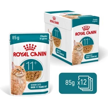 Šlapias kačių ėdalas Royal Canin FHN Ageing 11+ Gravy 12×85 g – senjorams skirti pilnaverčiai dubenėliai