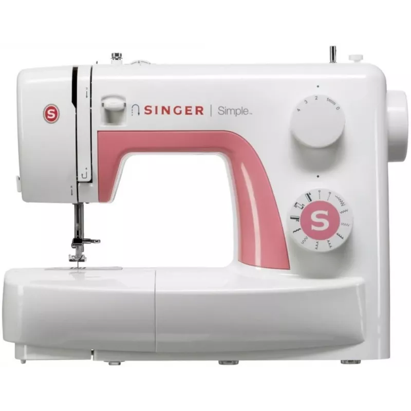 Singer Simple 3210 automatinė siuvimo mašina, elektromechaninė, 10 dygsnių, 4 žingsnių kilpų siuvimas, laisvoji platforma, 85 W, balta/rožinė