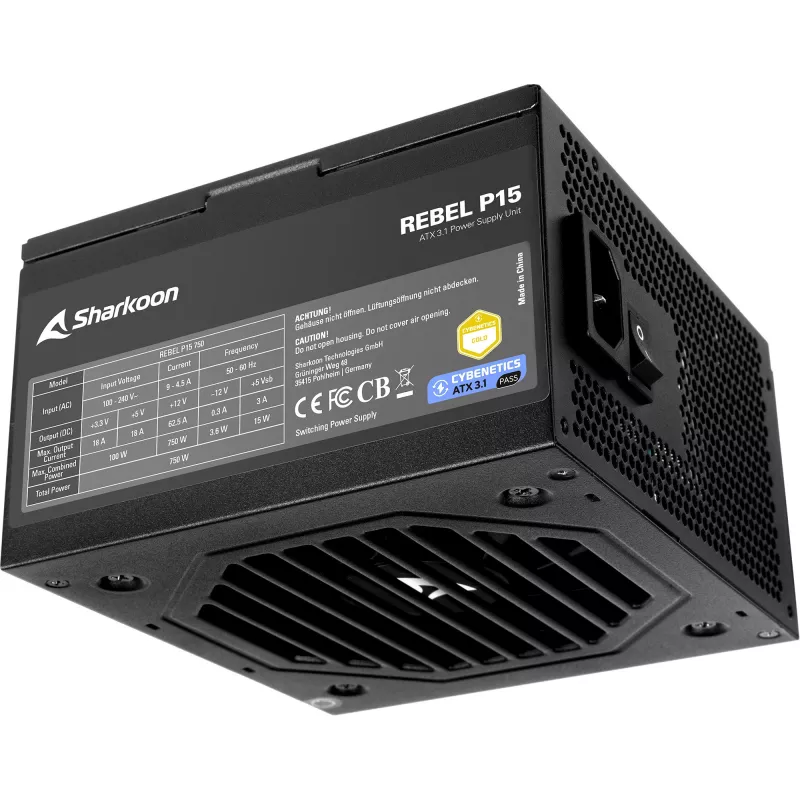 Maitinimo blokas Sharkoon Rebel P15 750, 750 W, 1x 12 kontaktų aukštos galios GPU jungtis, 4x PCIe, modulinis kabelių tvarkymas
