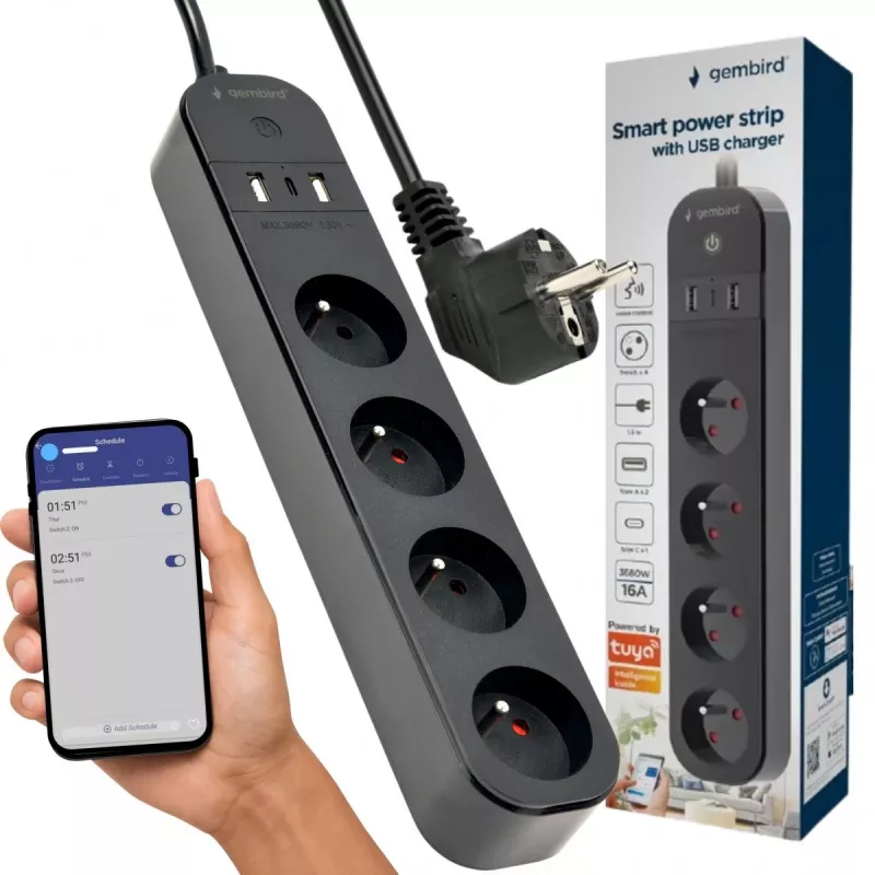 Ilgintuvas GEMBIRD TSL-PS-F4U-02 su 4 PL kištukiniais lizdais ir USB įkrovikliu, juodas
