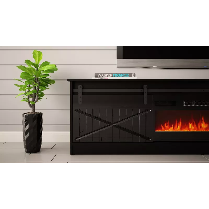 TV stovas su židiniu Cama Meble GRANERO 200 x 56,7 x 35 cm, juodas / juodas blizgesys, 2 durys, 2 lentynos, stumdomos durys, MDF / medžio drožlių plokštė