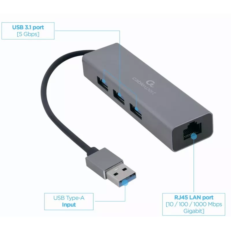 Gembird A-AMU3-LAN-01 USB-A į Gigabit LAN adapteris su 3 prievadų USB 3.0 šakotuvu, juodas